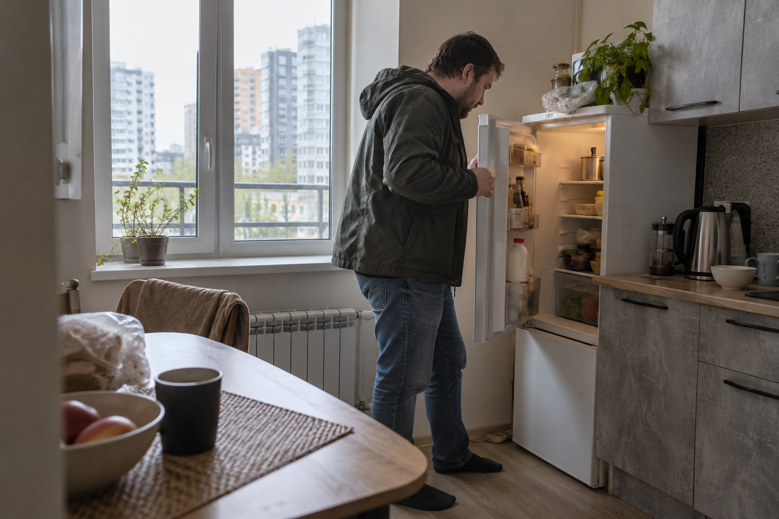 Мужчина проверяет бытовой холодильник в обычной кухне