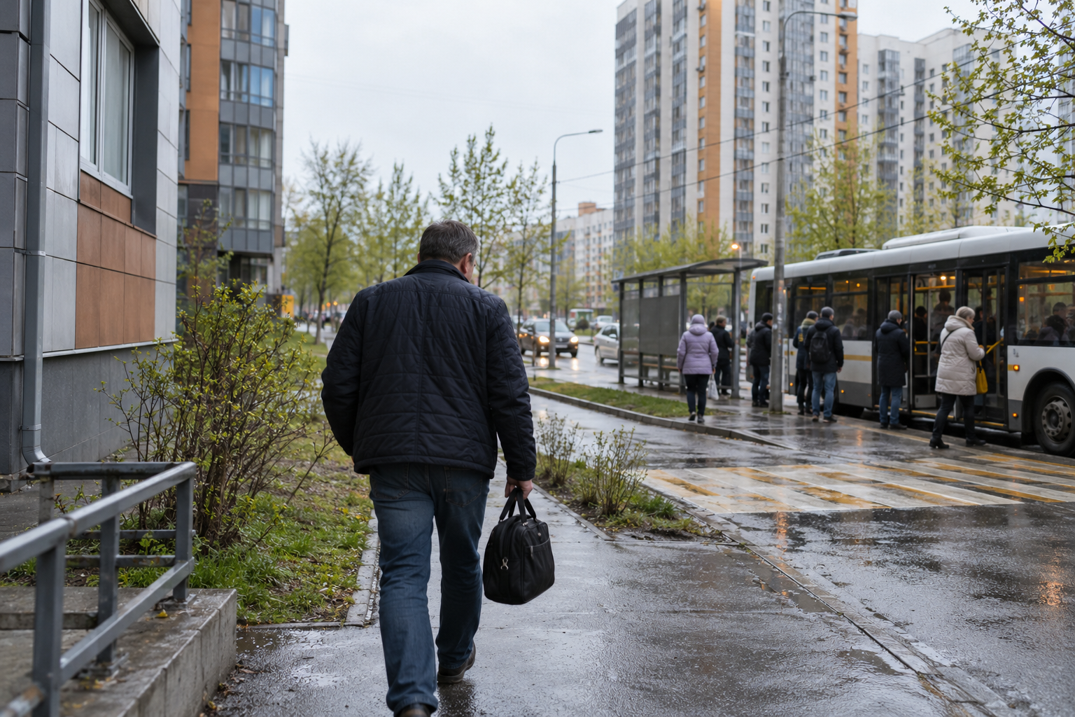 Житель идёт от новых домов к остановке городского автобуса весной